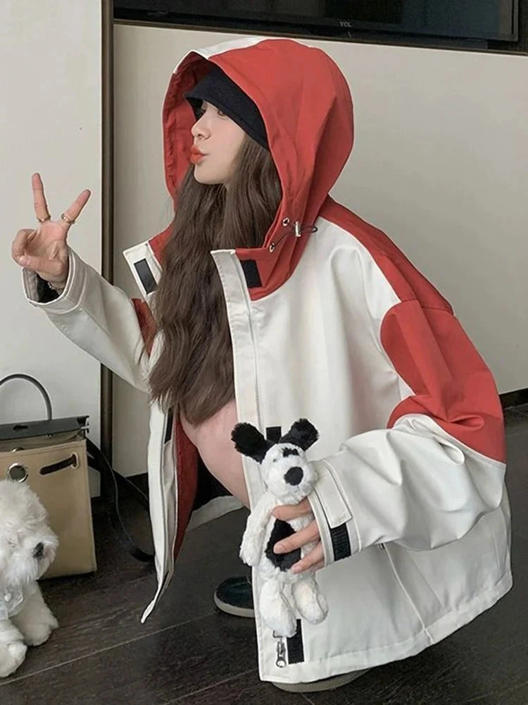 Vintage Patchwork Cargo Jacket Women Loose Preppy Style Long Sleeve Sweet Coat Casual Fall Female Retro All Match New Tops voguable