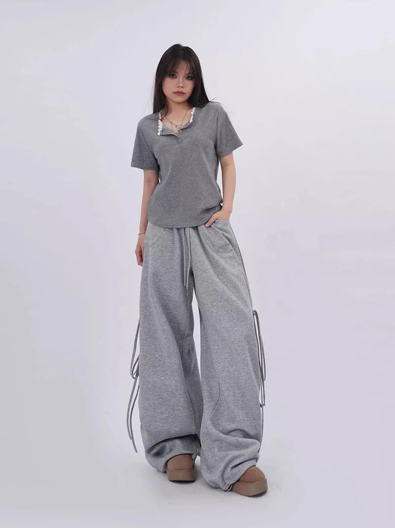 Streetwear Gray Sweatpants Women Low Waist Loose Harajuku Pockets Pants American Casual Hip Hop Lace Up Oversize Bf Trousers New voguable