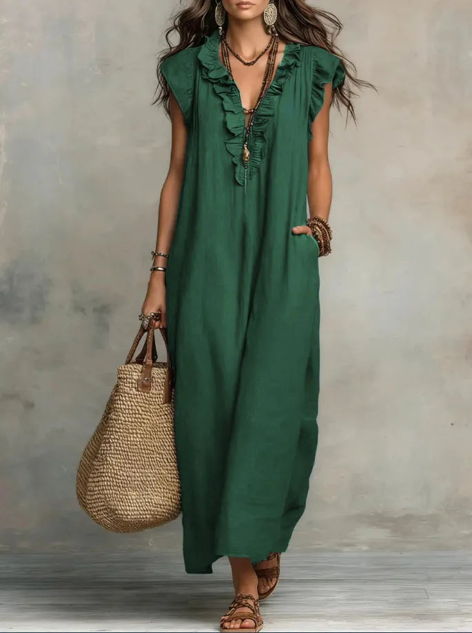 Voguable  New Ruffles V-neck Casual Solid Color Straight Tube Long Dresses Summer Casual Loose Fit Flying Sleeve Pocket Women's Dress voguable