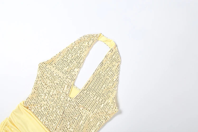 Voguable  Patchwork Dress Women Fake Diamond Decoration Halter v-Neck Backless Folds Elegant Dinner Party Vacation Vestidos voguable