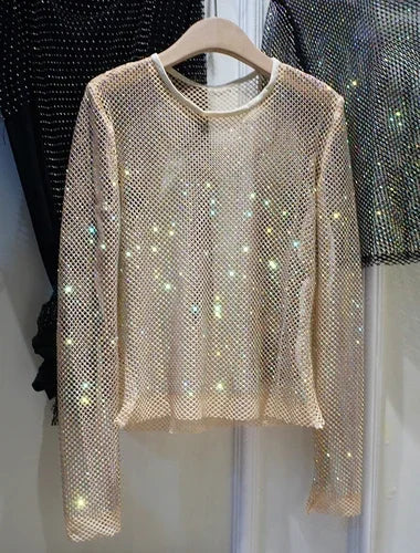 Voguable  Summer New Ladies Temperament Rhinestone Round Neck Long Sleeve Bright Starlight Hollow Shiny Bottoming Shirt Women's Top Trend voguable