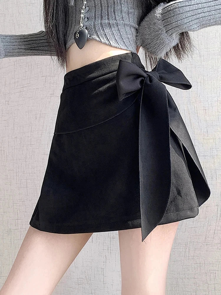 Sexy Slim Faux Suede Skirt Women High Waist Streetwear Vintage Bow Mini Skirts Fall Winter Casual American A Line Skirt New voguable