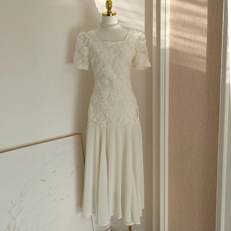 Sleeveless Fashion Women Dress Square Collar 3D Flowers Solid Color Zipper Female Party Dress New Tide voguable