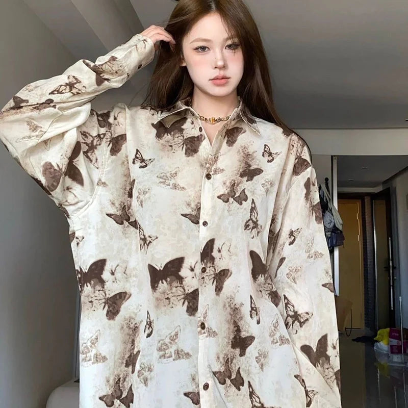 Vintage Harajuku Butterfly Print Shirt Women Y2K Oversized Single Breasted Female Shirt Streetwear Turn Down Collar Blouse Mujer voguable