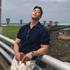 Men's Clothing Luxury Korean Popular Hollow Out Polo Shirt Leisure V Neck Short Sleeve Solid Color Retro Streetwear Knitwear voguable