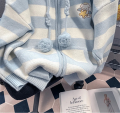 Spring Autumn Casual Cartoon Embroidery Striped Hooded Sweater Women Sweet Knitted Cardigan Coat Japanese Girls Loose Knitwear voguable
