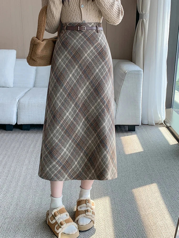 Faux Woolen Plaid Long Skirt Women Vintage Slim High Waist Back Slit Belt Skirts Korean Fall Winter Elegant Long Skirts New voguable