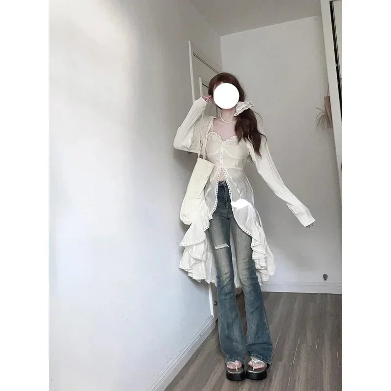 Voguable 2000s Vintage Y2k Clothing Korean 2 Piece Skirts Sets Women Casual Y2k Crop Top Blouse + Strap Mini Dress Japanese Beach Party voguable