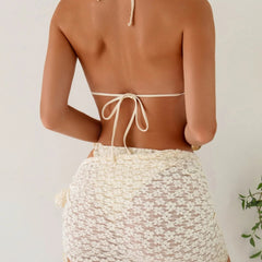 Voguable  3Pcs Lace Bikini Set with Sarong Cover Up Halter Bikinis Triangle Swimwear Women's Floral Textured Beachwear Bathing Suit voguable