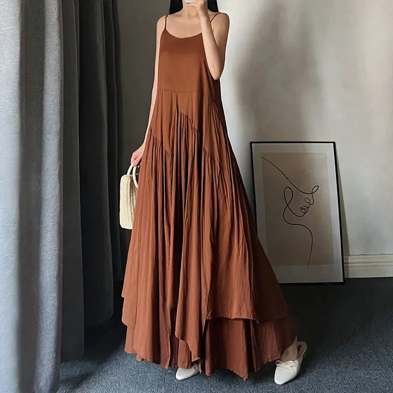 White Camis Dress Women Summer Korean Elegant Irregular Black Long Beach Dress Vintage Loose Solid All Match A Line Dress voguable