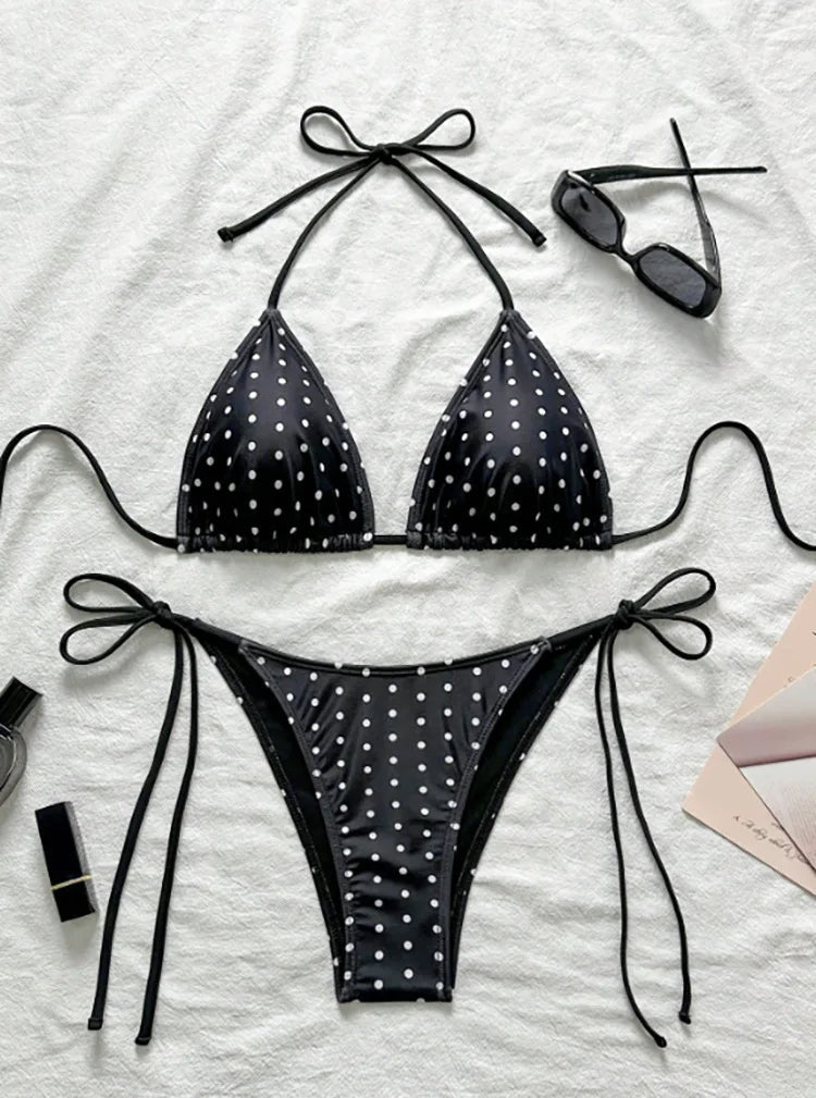 Voguable  Sexy Lace Up Polka Dot Vacation Bikinis Women Split Swimsuit Beach Bikini New All Season Backless Bikinis 2 Piece Set voguable