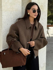 Fashion Brown Zipper Woolen Jacket For Women Elegant Lapel Long Sleeve Short Coats Female Vintage Autumn Lady Street Outerwear voguable