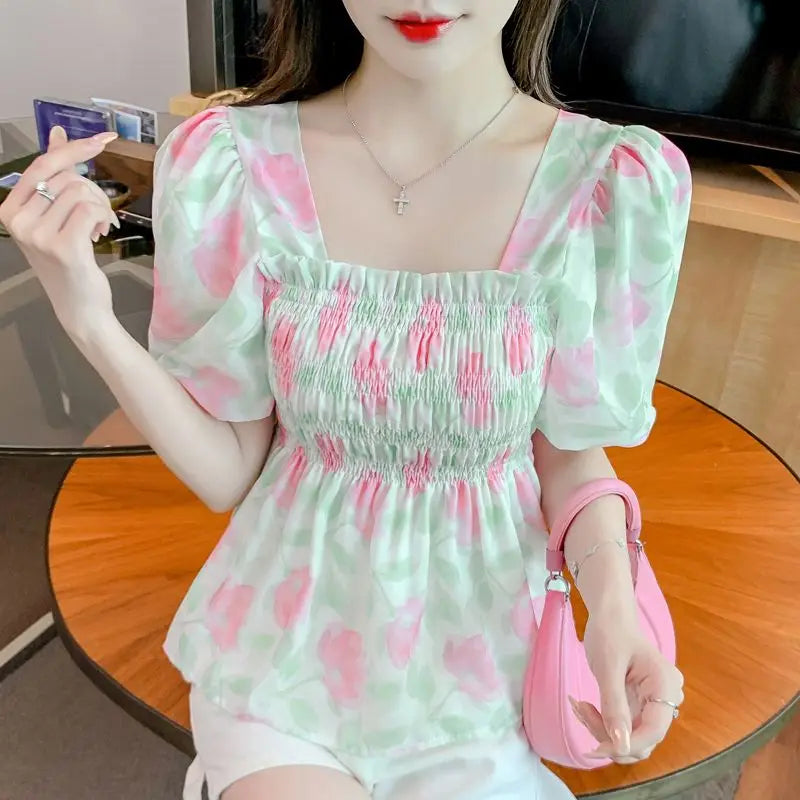 Voguable  Summer Square Collar Bubble Sleeve Floral Top voguable