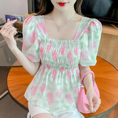 Voguable  Summer Square Collar Bubble Sleeve Floral Top voguable