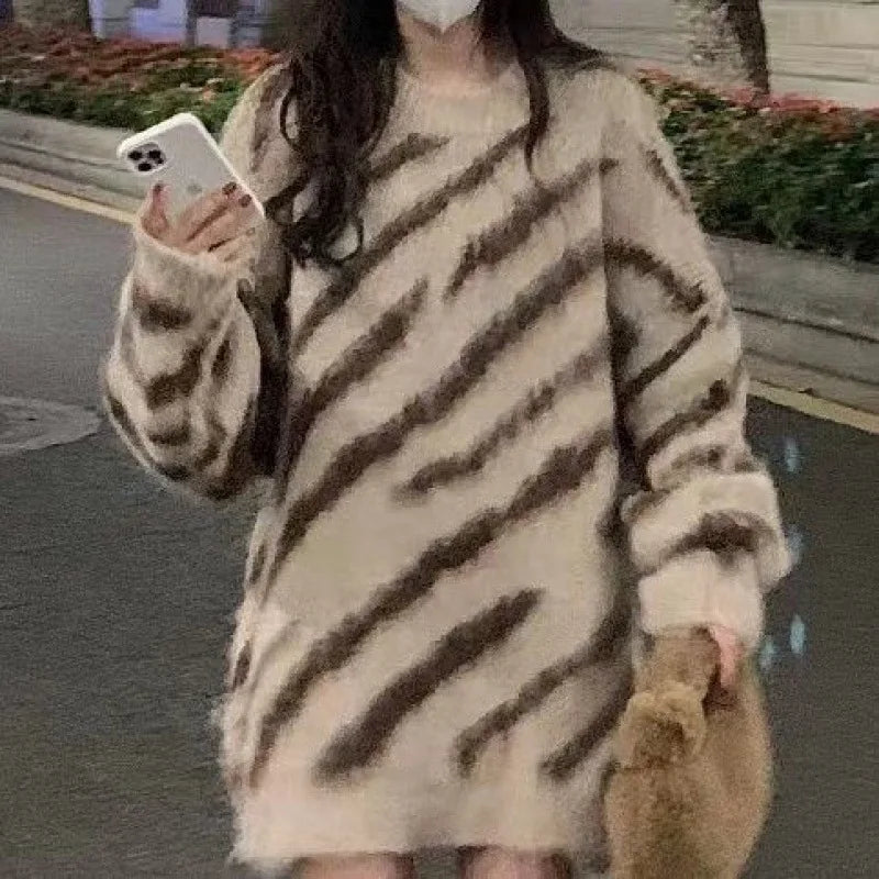 Voguable  Oversized Fuzzy Striped Sweater Women Autumn Winter Soft Warm Plush Knit Pullover Woman Casual Loose Round Neck Thick Top Female voguable