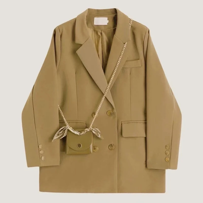 Black Fashion Suit Jacket Women Fashion Double-Breasted Office Ladies Outerwear Y2K Loose Korean Solid Preppy All-Match Coats voguable