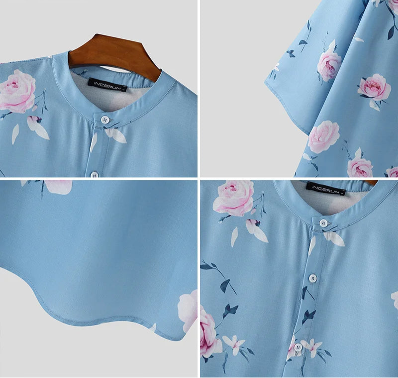 2025Men Shirt Flower Printing Stand Collar 3/4 Sleeve Oversize Men Clothing Streetwear Korean Style Casual Male Shirts voguable