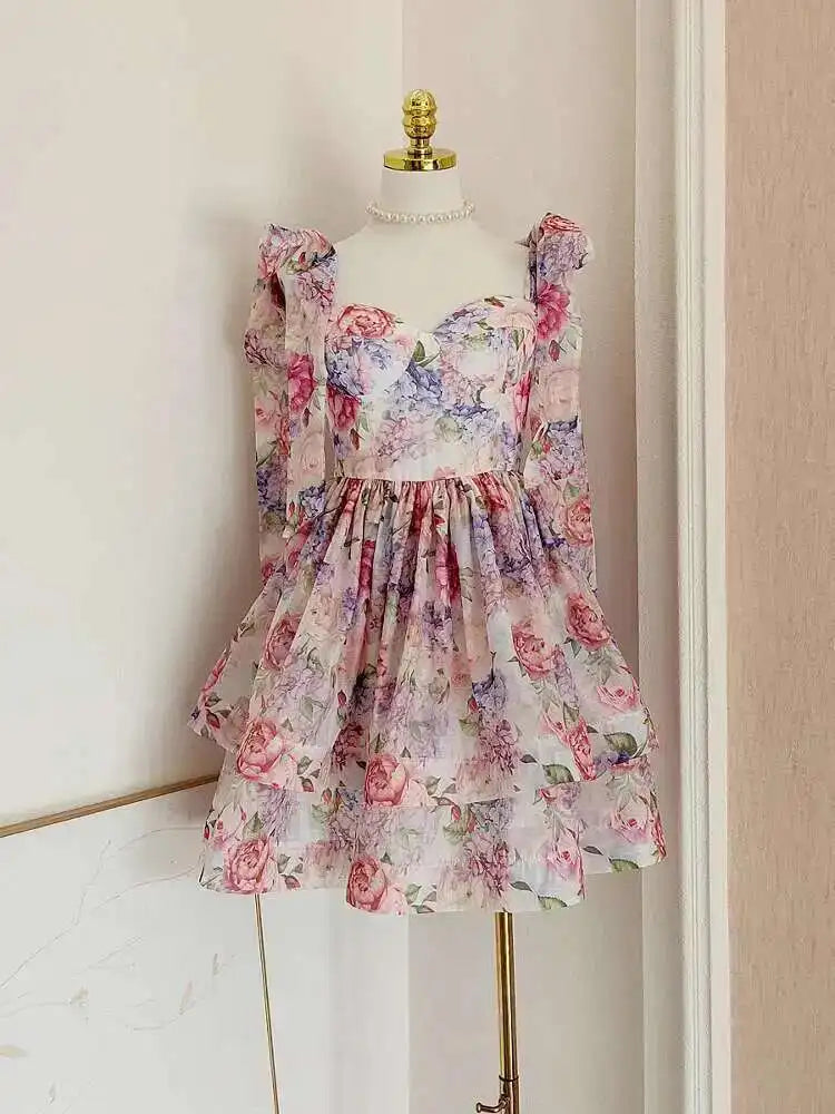 Fashion Women Dress Full Sleeve Square Collar Print Lace Up Bow Female Party Dress New Tide voguable