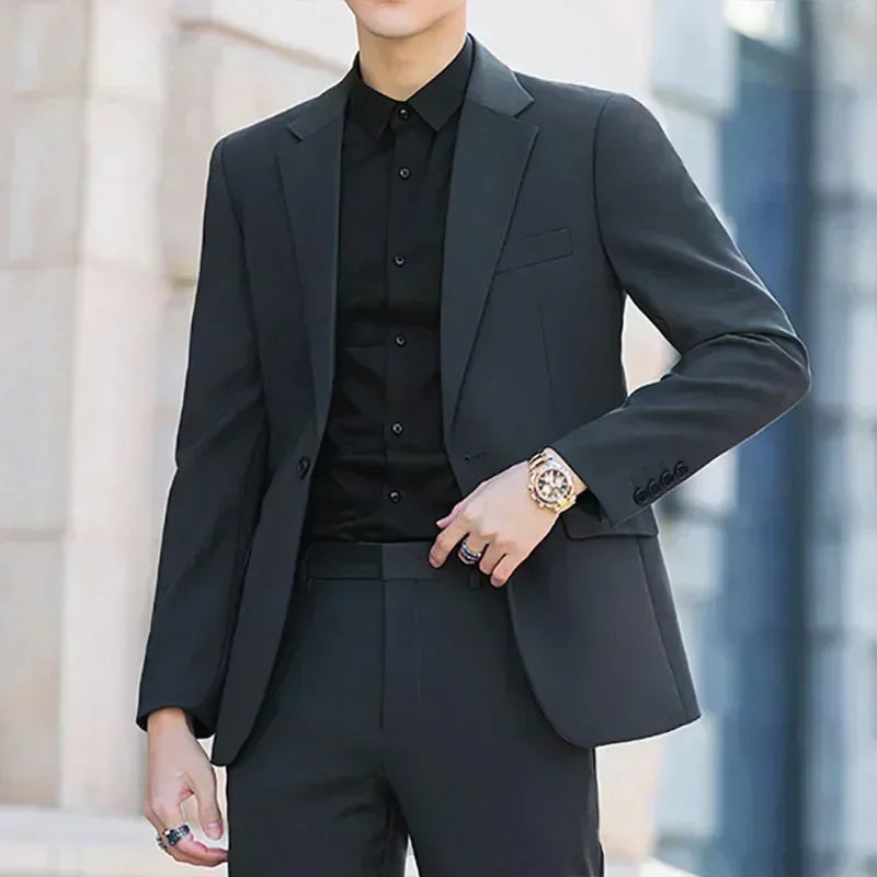 Voguable S-6XL Men's Business Casual Suit Korean Style Trendy Slim Fit 2 Piece Set Solid Color （Blazer+ Pants )Groom Wedding Dress Party voguable