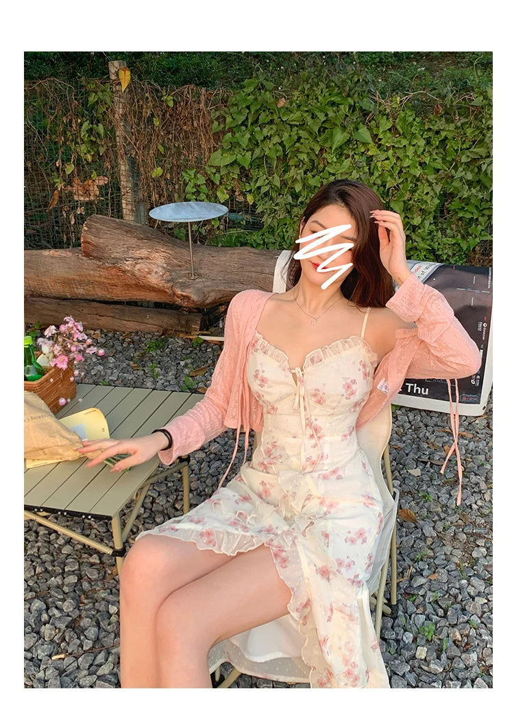 Voguable  Summer Floral Sleeveless Midi Dress Elegant Sexy French Vintage Strap Dress Woman Party One Piece Dress Korean voguable