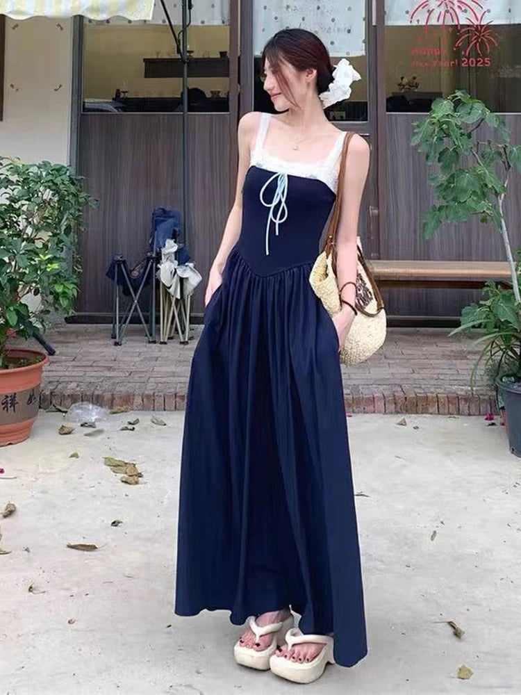 Lace Patchwork Bandage Dress for Women Y2K Summer Elegant Slim Navy Midi Dress Sweet Preppy Sleeveless A Line Vestidos Mujer New voguable