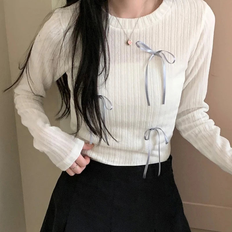 Voguable Sweet Multi Bows Knitted Top Pink White Casual Basics Slim-fit Tops Autumn Spring Korean Style Kawaii Knitwear Autumn voguable