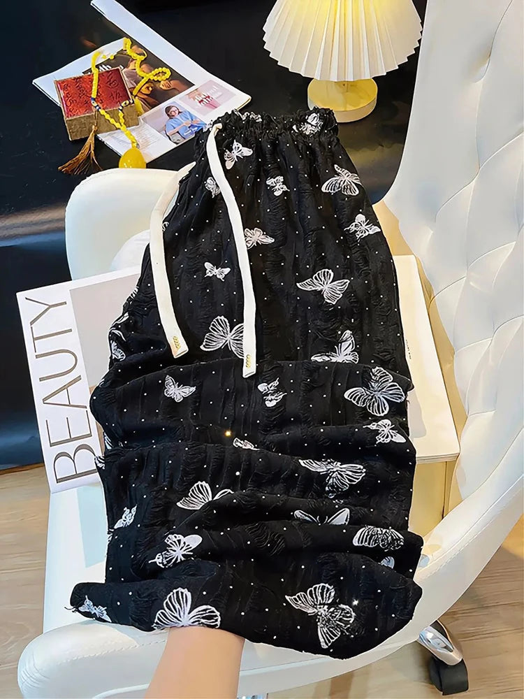 High Waist Wide Leg Pants Women Summer Loose Butterfly Print Female Casual Pants Y2K Korean Drawstring Floor Length Trousers voguable