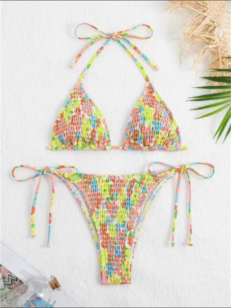 Voguable Sexy Micro Bikini 2024 Women Pink Floral Print Pleate Tie Side Triangle Swimsuit Brazilian Halter Push Up Bathing Suit Swimwear voguable