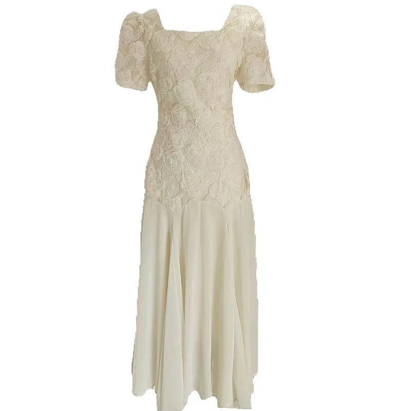 Sleeveless Fashion Women Dress Square Collar 3D Flowers Solid Color Zipper Female Party Dress New Tide voguable