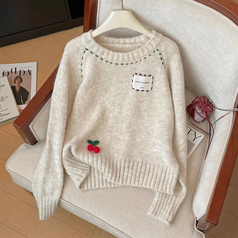 Cute 3D Cherry Sweaters Women Lazy Wind Long Sleeve Knitted Jumpers Japan Loose O Neck Female Kawaii Sweet Pullovers Tops voguable