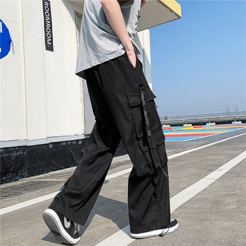 Voguable  Japanese Overalls Men Functional Multi-pocket Pants Korean Urban Streetwear Trend High-end Elastic Waist Lace Casual Trousers voguable