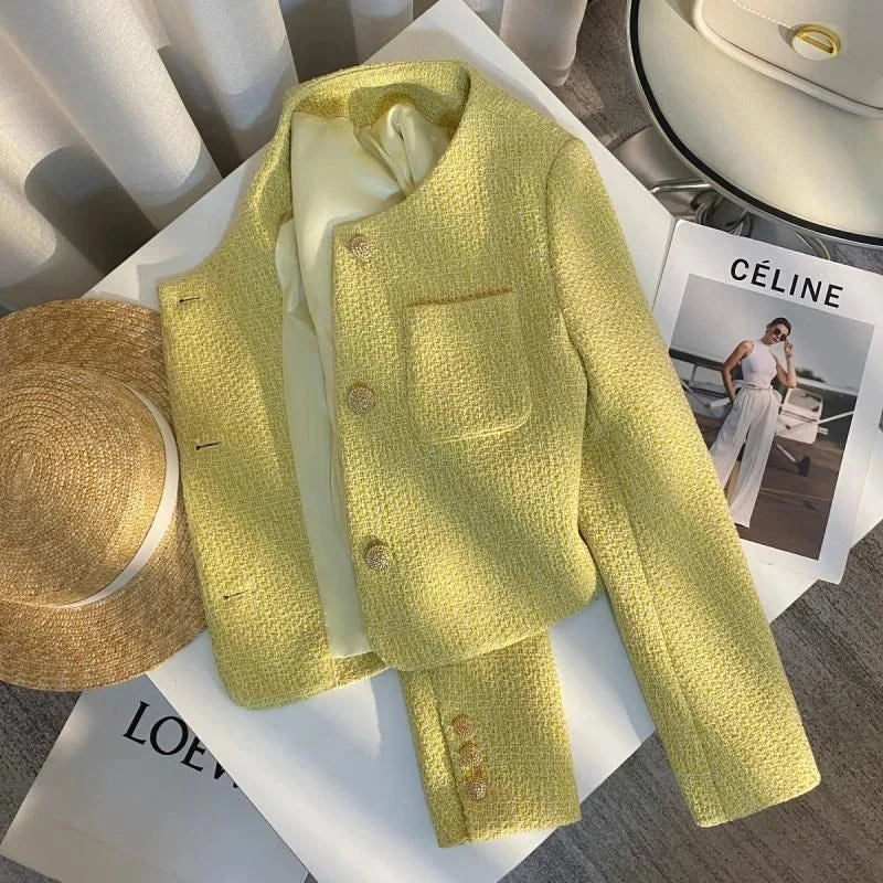 Yellow Sweet Tweed Jacket Women Elegant Retro Slim Long Sleeve Short Coat Korean O Neck Casual Fall Female Vintage Outwear voguable