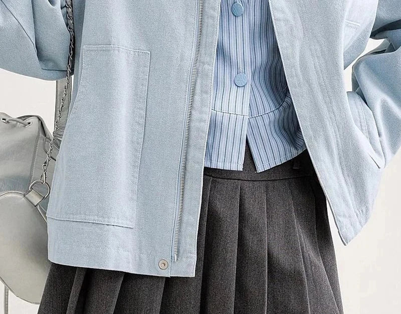 Blue Cargo Jacket Women Sweet Preppy Style Long Sleeve Retro Coat Casual Patchwork Turn Down Collar Korean Fall Outwear Top voguable