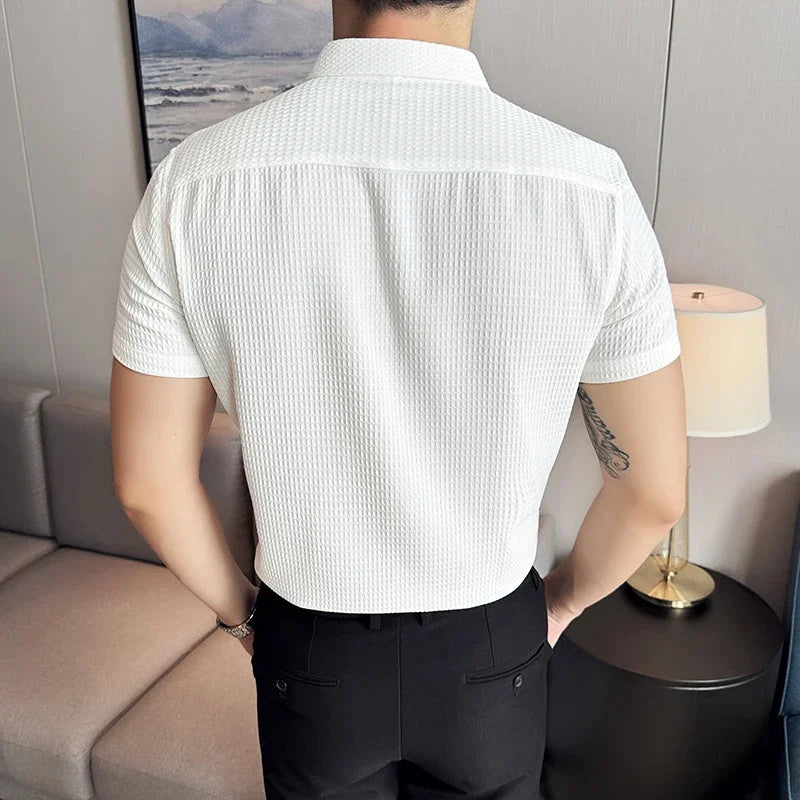 Men Waffle Shirt Short Sleeved 2024 Summer New Thin British Style Business Solid Casual Non Iron Slim Fit Shirt Men's Clothing voguable
