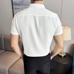 Men Waffle Shirt Short Sleeved 2024 Summer New Thin British Style Business Solid Casual Non Iron Slim Fit Shirt Men's Clothing voguable