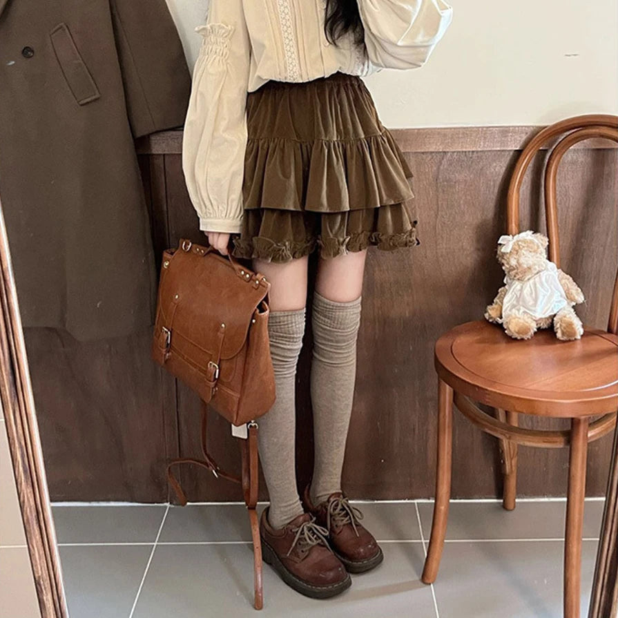 Voguable 90s Winter Ruffle Brown Kawaii Lolita Pleated Skirt Women Fairy Y2k Mini Skirt Female Korean Fashion Cute Mini Cake Casual Skirt voguable