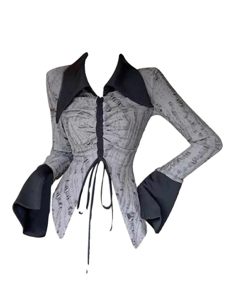 Fall Women Dark Academia Y2k Streetwear Gyaru Contrast Color Long Sleeve Lapel T-Shirt Gyaru Design 2000s Aesthetic Grunge Top voguable
