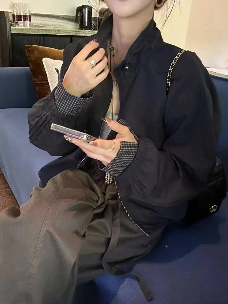 Harajuku Y2K Baseball Jacket Women Loose Vintage Plaid Patchwork Short Coat Streetwear Long Sleeve Vintage American Bf Tops voguable