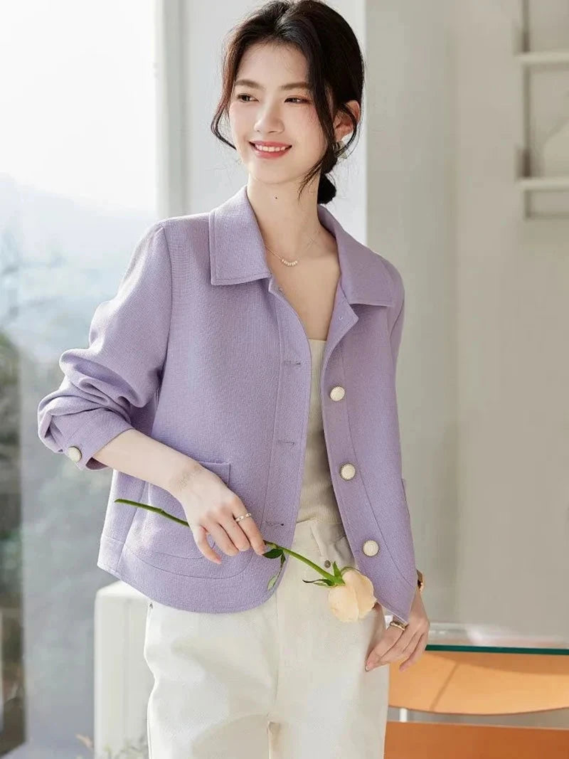 Elegant Slim Purple Jacket Women Sweet Long Sleeve Small Fragrance Coat Casual Fall Winter Lady French Pockets Fashion Tops voguable