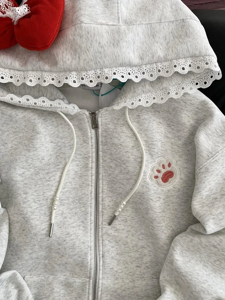 Kawaii Print Bow Hoodies Women Sweet Lace Patchwork Long Sleeve Cute Sweatshirts Japan Loose Pockets Letter Female Zipper Tops voguable