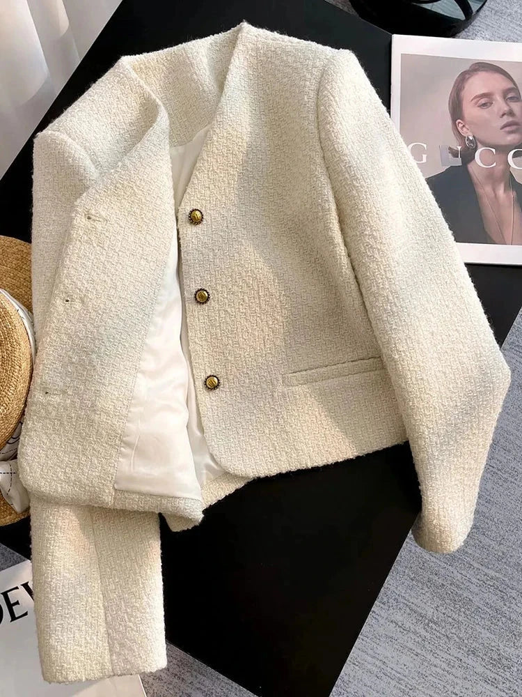 Slim Elegant Tweed Jacket Women Vintage Long Sleeve Sweet Short Coat French Casual Vintage Lady V Neck Single Breasted Tops voguable