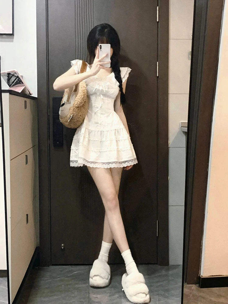 Voguable Y2k Coquette White Lolita Sweet White Kwaii Cute Mini Dress Women Lace Bow Princess Slip Lace Short Dresses 2024 Fashion voguable