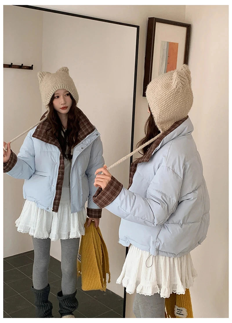 Winter Retro Puffy Parkas Women Warm Thick Plaid Patchwork Cute Coat Casual Preppy Style Korean Long Sleeve Cotton Jackets voguable
