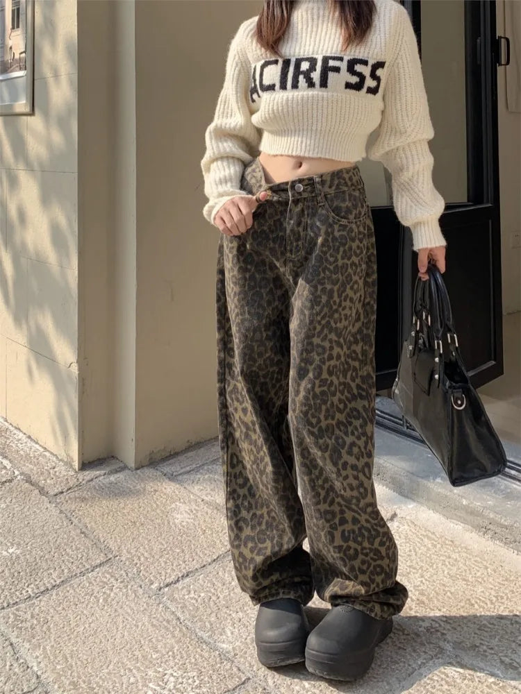 Voguable Vintage Leopard Print Pantalon Femme Wide Leg Pants Women High Waist Straight Y2k Jeans Casual Fashion Korean  Jean Trousers voguable