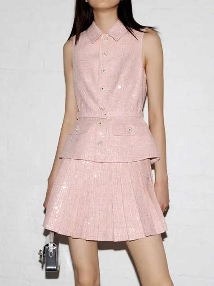 Women's Tweed Sequins Spliced 2 Pcs Set  Lapel Lace-up Sleeveless Belt Coat Pleated Mini Skirts Set 2025 New Tide voguable