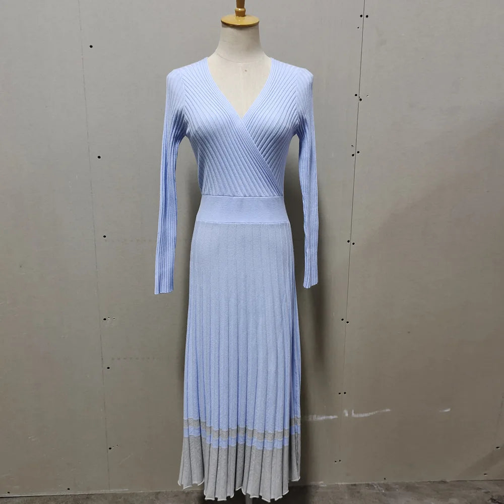 Women Spring And Autumn Solid Color Casual Pleated Mid-length Knitted Dress Fashion Long Sleeve O-neck Robe A-line Slim Vestidos voguable