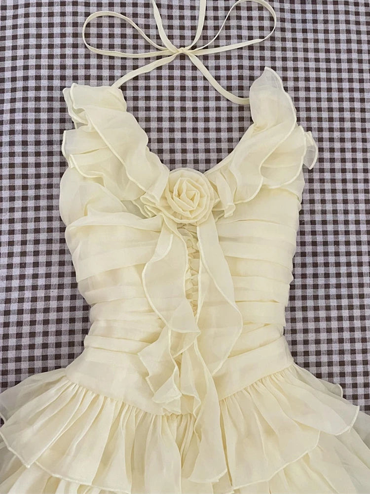 Slim Sweet Ruffles Dress Women Fashion 3D Floral Casual Elegant Mini Dress Summer Sexy Sleeveless Lady Yellow Cake Vestidos voguable