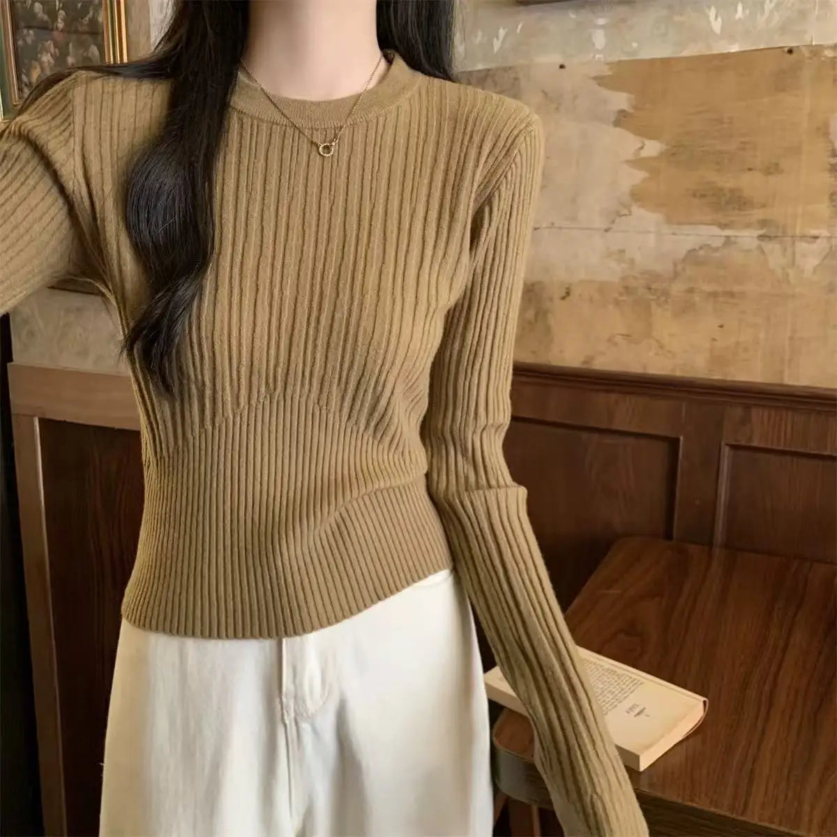 O Neck Knitted Sweater Women Korean Slim Long Sleeve Casual Crop Pullover Autumn Solid Simple All Match Sweater Female New voguable