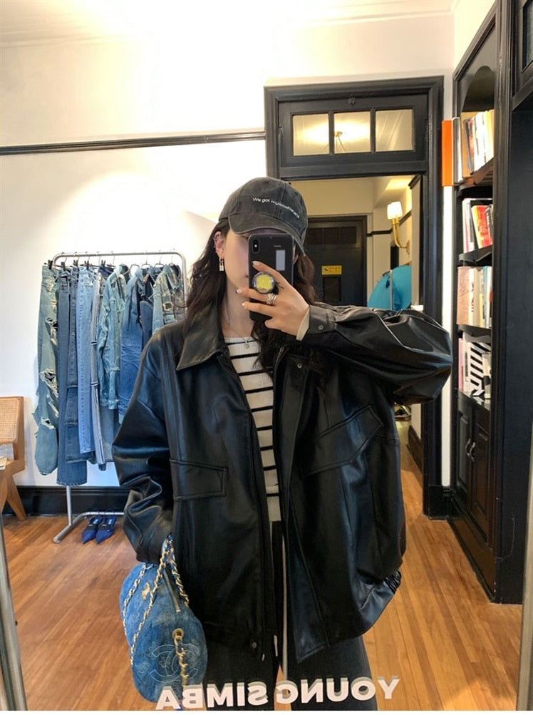 Spring Autumn Cool Retro Casual Oversized Black Waterproof Soft Faux Leather Jackets for Women Zipper Elastic Waist voguable