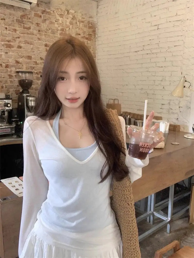 Long Sleeve Women Sun-protective T-shirts+ Camisole Set Korean Slim Basic Elasticity Pullovers Thin Perspective Sexy 2 Piece Set voguable